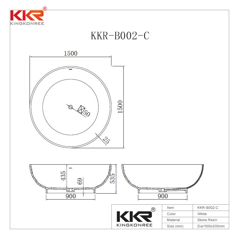 150cm Diameter Round Shape Solid Surface Bathtub KKR-B002-C