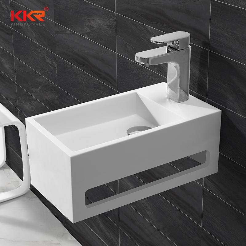 KingKonree Hot sales small size acrylic solid surface resin stone wall mounted wash basin with towel hanger KKR-1105-A Wall Mount Basin image20