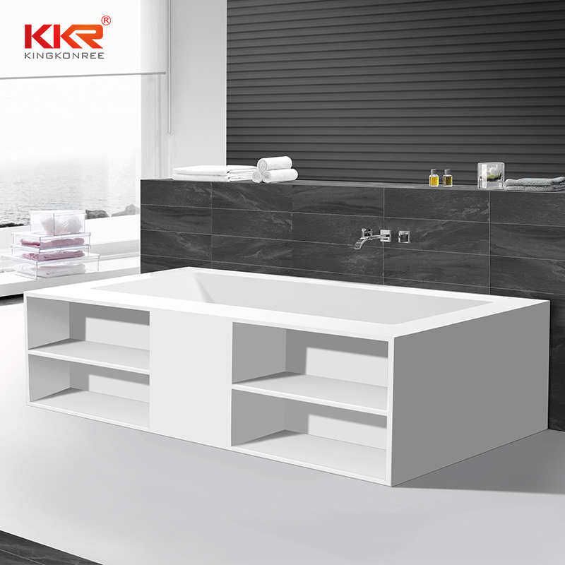 Rectangle freestanding solid surface wall against bathtub with storage shelves KKR-B069