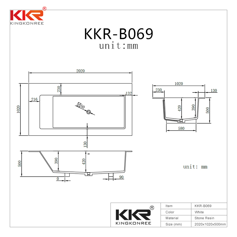 KingKonree Rectangle freestanding solid surface wall against bathtub with storage shelves KKR-B069 Solid Surface Bathtub image21