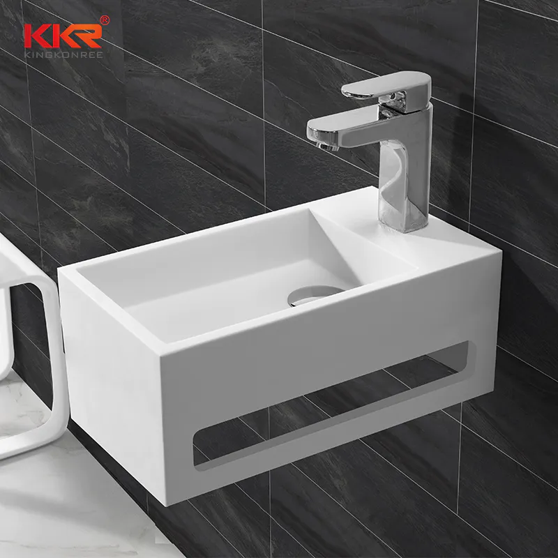 Small size acrylic solid surface resin stone wall mounted wash basin with towel hanger KKR-1105-A