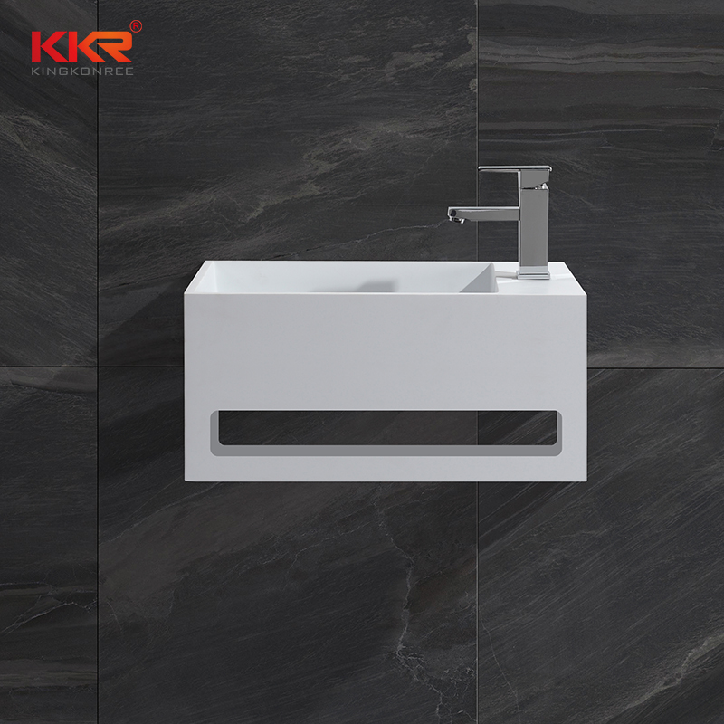 Small size acrylic solid surface resin stone wall mounted wash basin with towel hanger KKR-1105-A