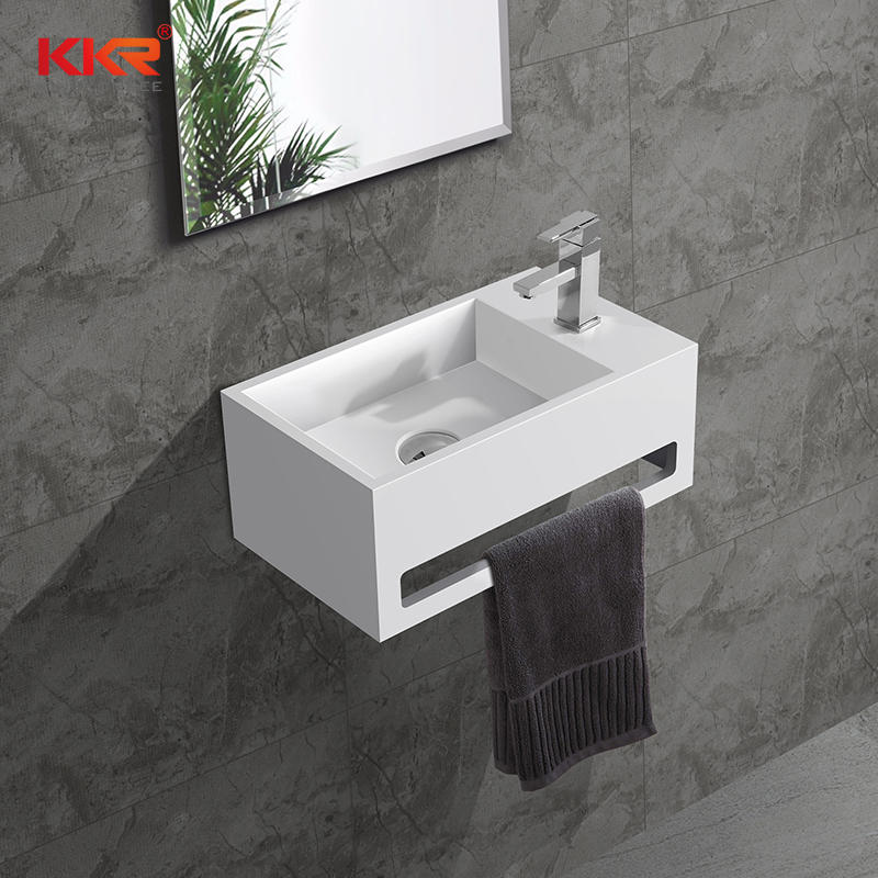 Hot sales small size acrylic solid surface resin stone wall mounted wash basin with towel hanger KKR-1105-A