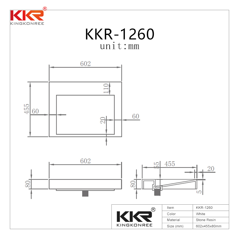 KingKonree Best selling modern design solid surface square wall hung wash basin KKR-1260 Wall Mount Basin image19