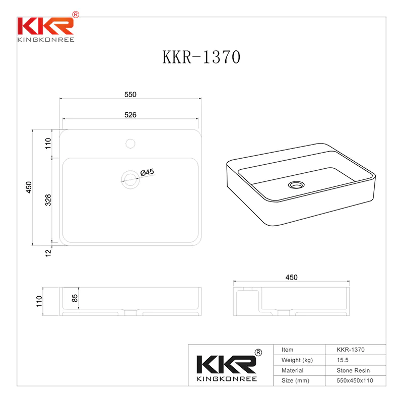 Acrylic Stone Solid Surface Rectangular Above Counter Wash Basin KKR-1370