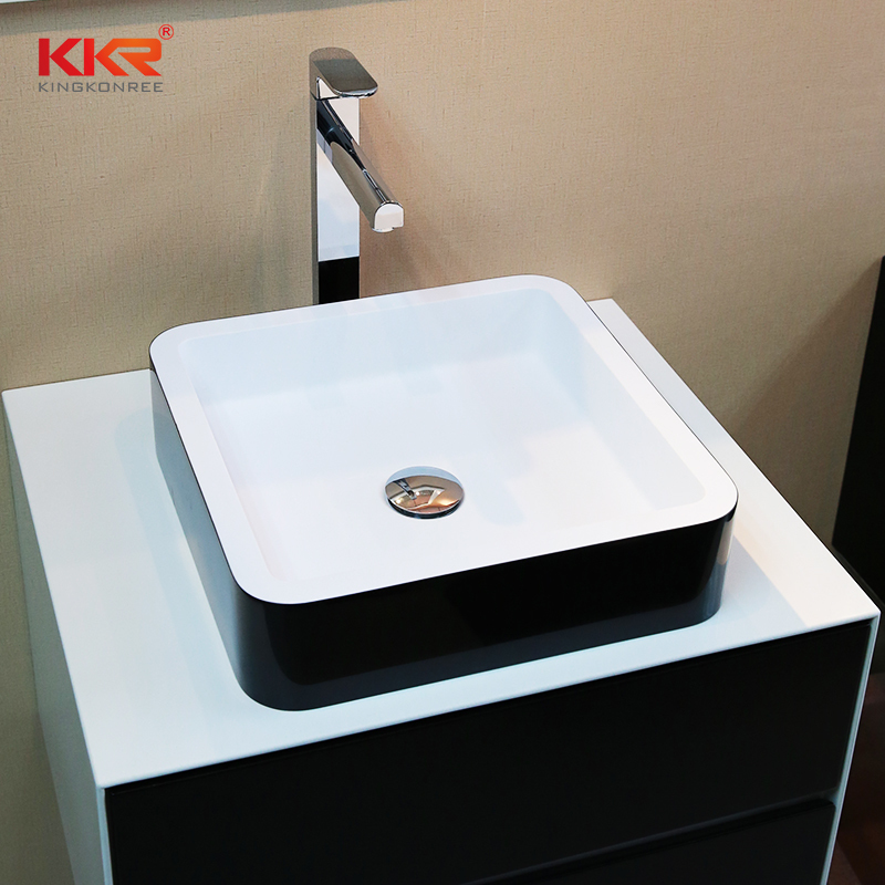Square Shape White Inside And Black Outside Solid Surface Countertop Wasb Basin KKR-1154