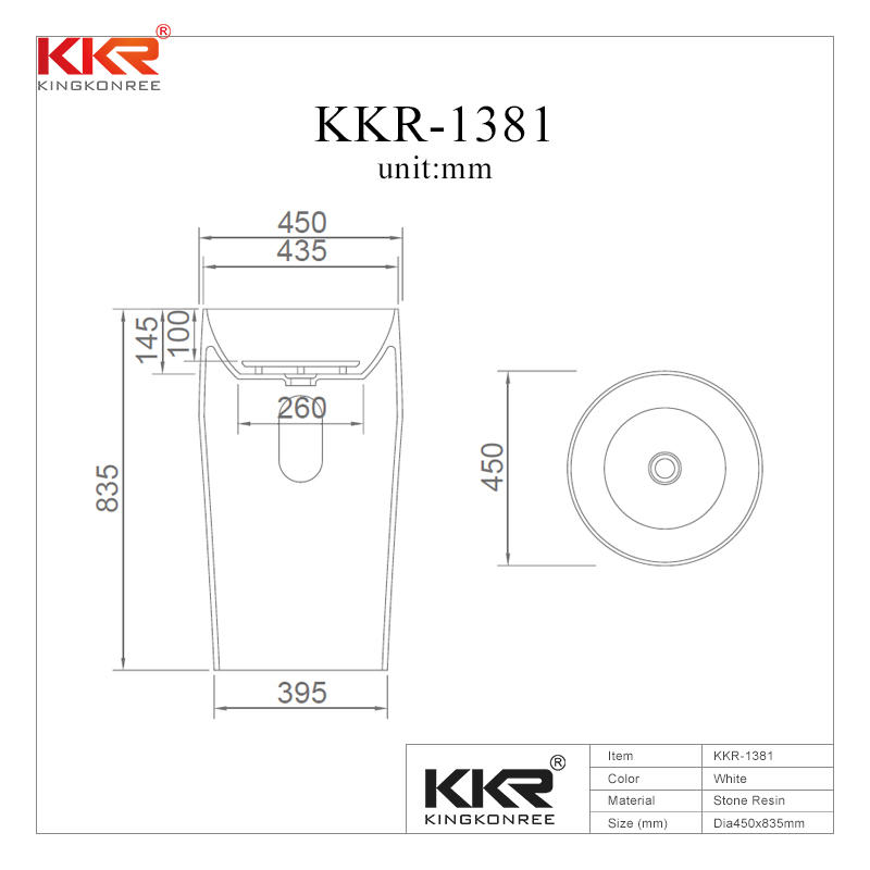 450mm Diameter Acrylic Resin Stone Artificial Marble Solid Surface Freestanding Basin KKR-1381