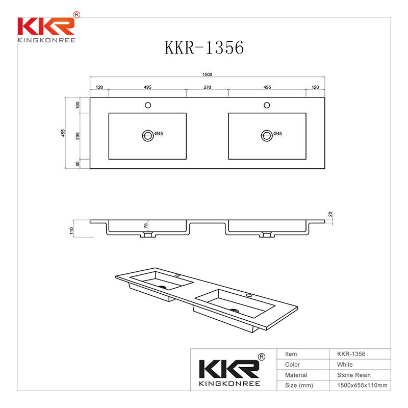 High Quality Double Sinks Rectangle Acrylic Solid Surface Cabinet Basin  KKR-1356