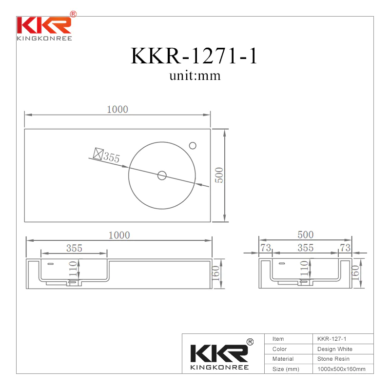 1000mm Length White Marble Acrylic Solid Surface Wall Huang Basin With Left Sink KKR-1271