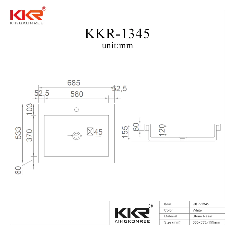 Gel Coat Stone Resin Acrylic Solid Surface Cabinet Basin KKR-1345