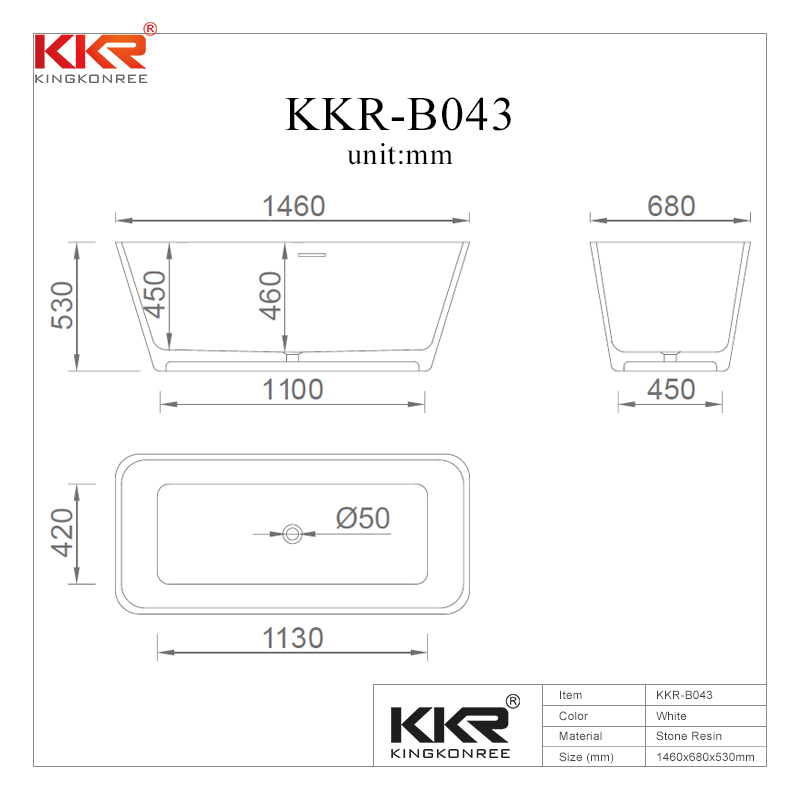 White Marble Acrylic Solid Surface Small Bathtub KKR-B043