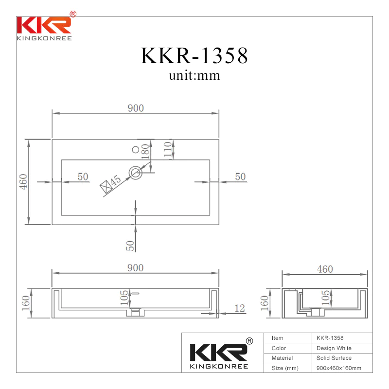 900mm Classic White Solid Surface Wall Mount Basin KKR-1358