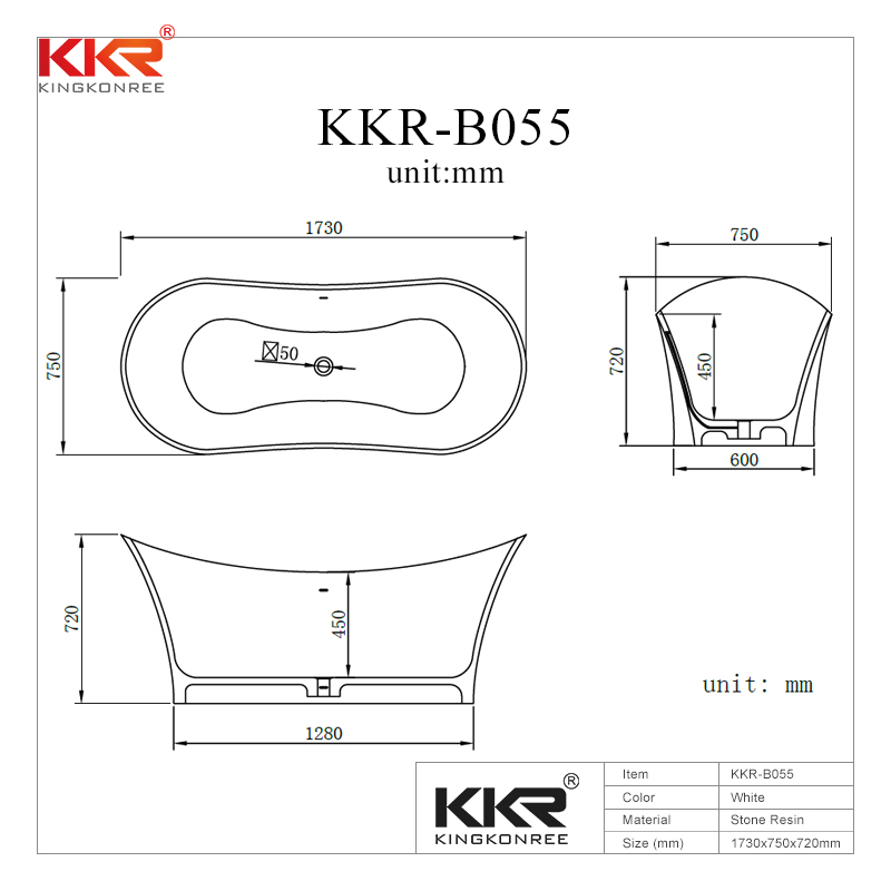 Luxury Vessel Shaped Acrylic Resin Stone Solid Surface Bathtub KKR-B055