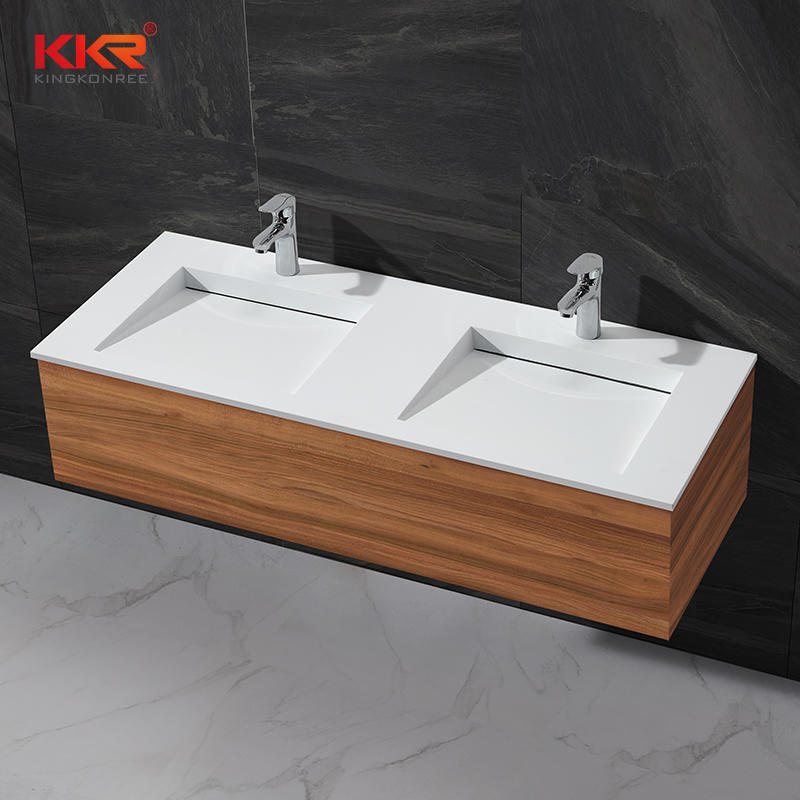 Fregadero doble pequeña pendiente diseño acrílico superficie sólida gabinete lavabo KKR-1332