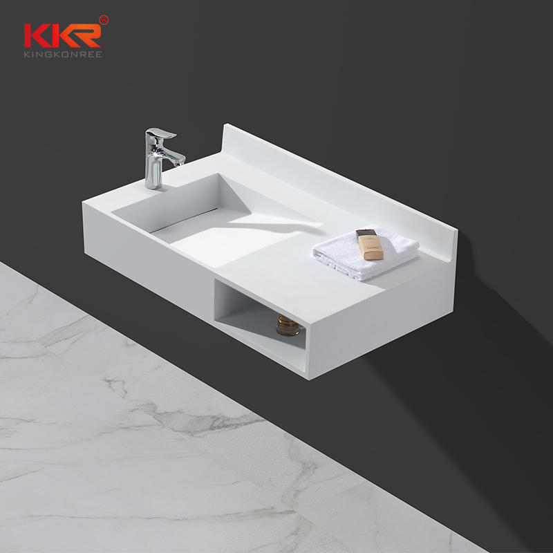 Piedra de resina acrílica superficie sólida pared colgada lavabo con pendiente y toallero estantes KKR-1335
