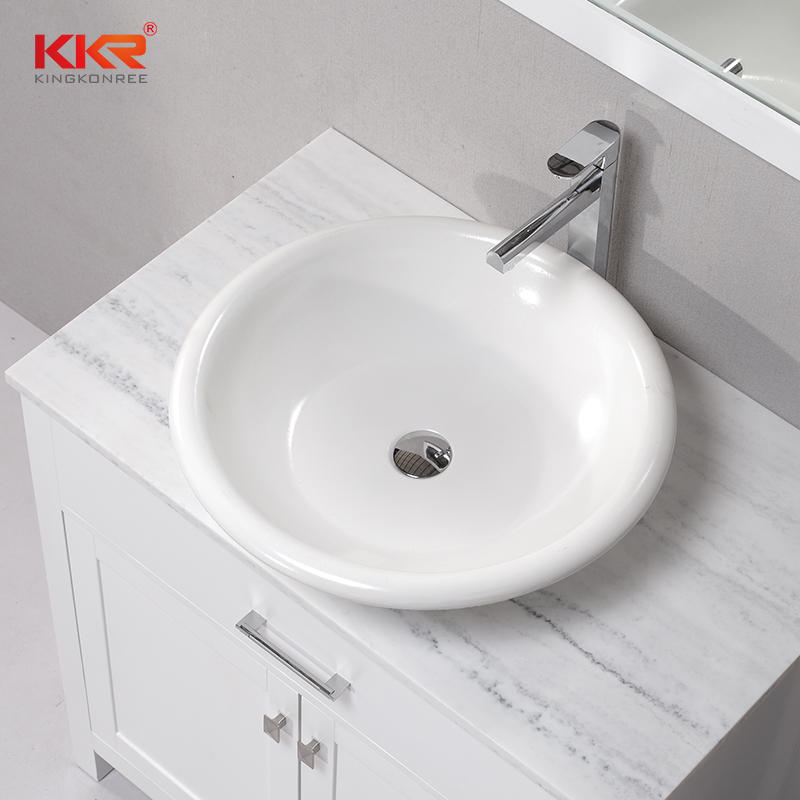 Cuenco redondo de superficie sólida blanca de polimármol por encima del mostrador de lavabo KKR-1050