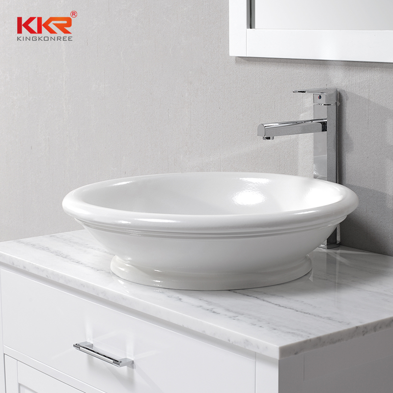 Round Bowl Shape White Solid Surface Polymarble Above Counter Basin KKR-1050