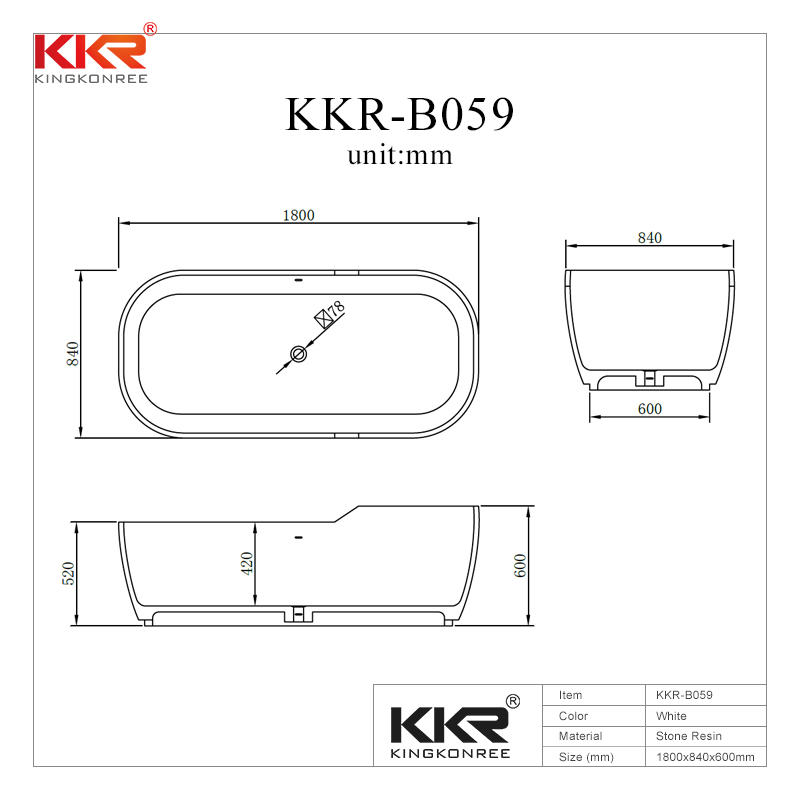 180cm New Designed Big Size White Marble Acrylic Solid Surface Bathtub KKR-B059
