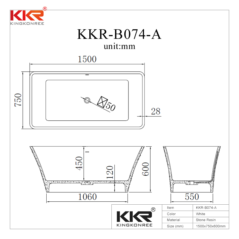 1500mm Or 1700mm Length Good Quality Soild Surface Freestanding Bathtub KKR-B074