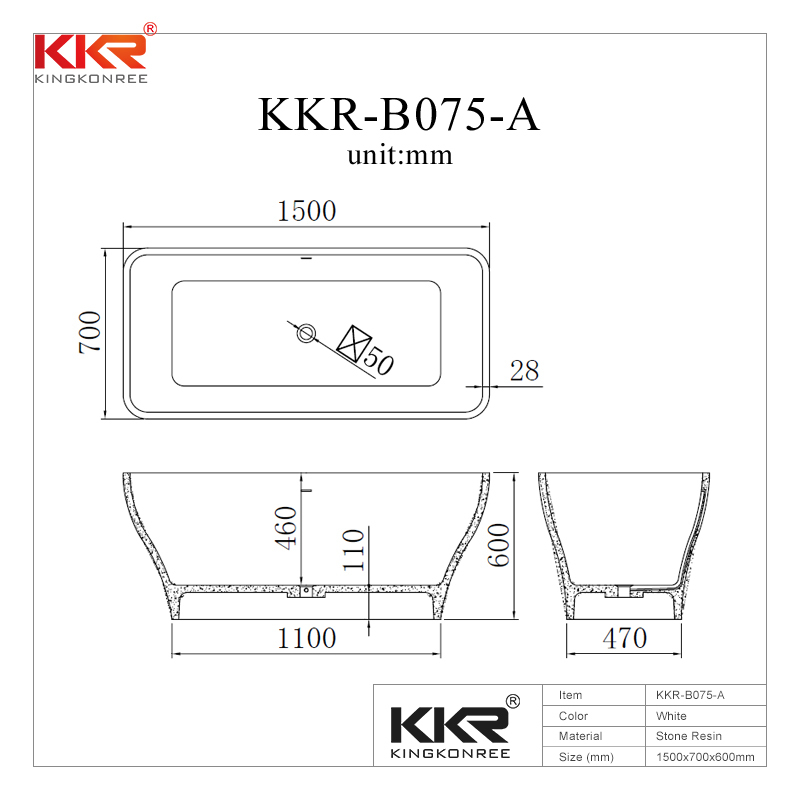 1500MM Length Small Size Acrylic Stone Solid Surface Bathtub KKR-B075