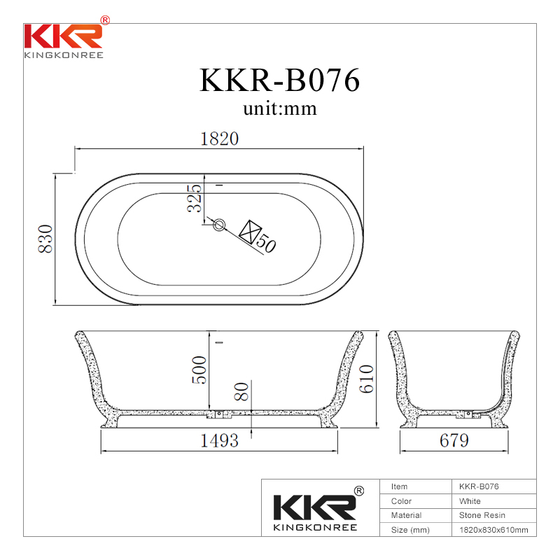 1820mm Length White & Black Solid Surface Bathtub KKR-B076
