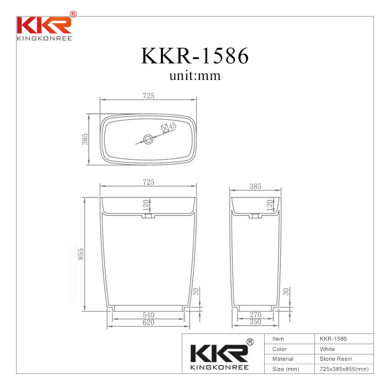 855mm Height Rectangle White Marble Solid Surface Freestanding Basin KKR-1586