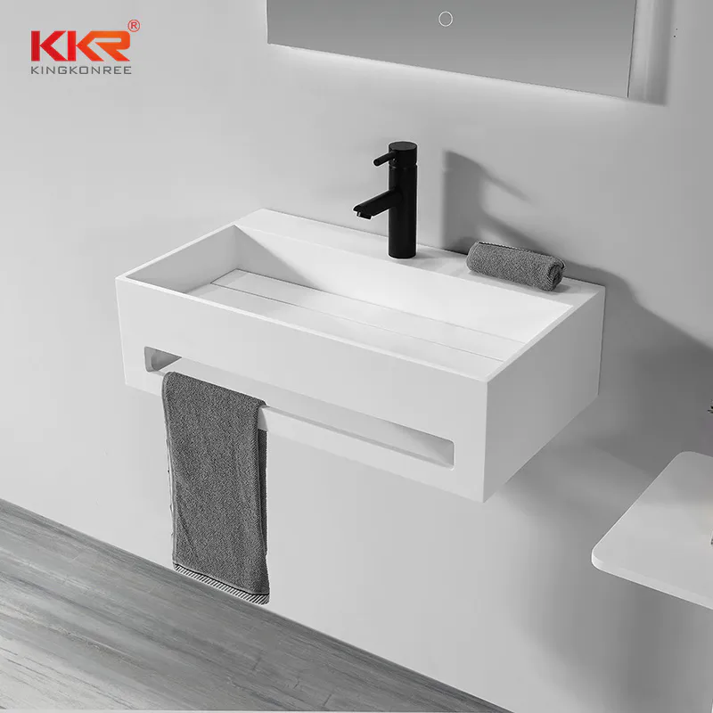 White Marble Solid Surface Bathroom Sink Stone Washbasins With Towel Rail