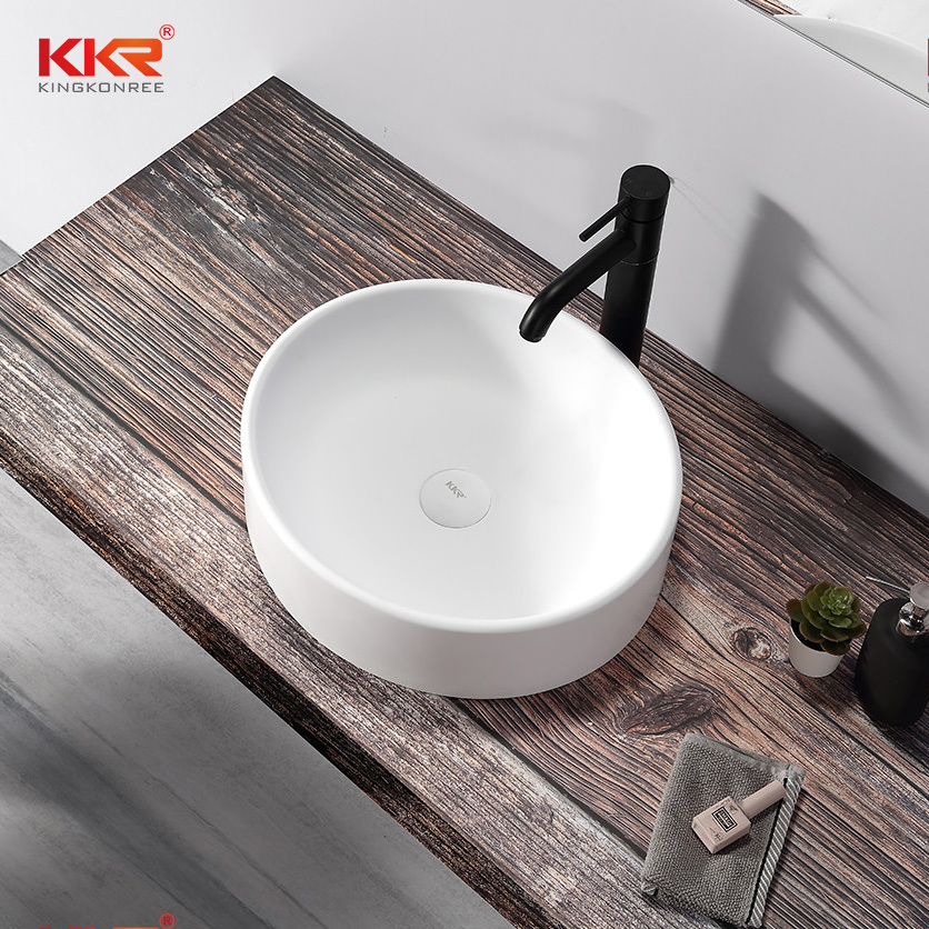 Mini Round Bathroom Sink Pure White Solid Surface Sink Wash Basin KKR-1110