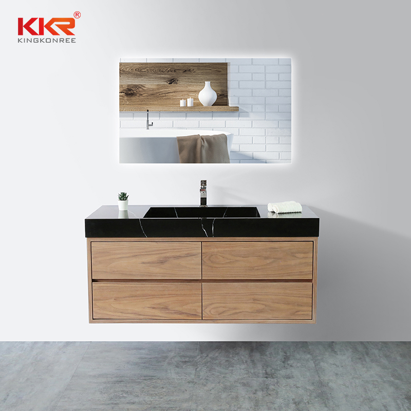 Stone Basin Wall Hung Wooden Cabinet with Black Marble Vanity Basin
