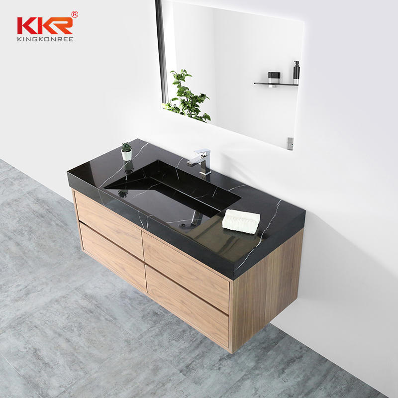 Stone Basin Wall Hung Wooden Cabinet with Black Marble Vanity Basin