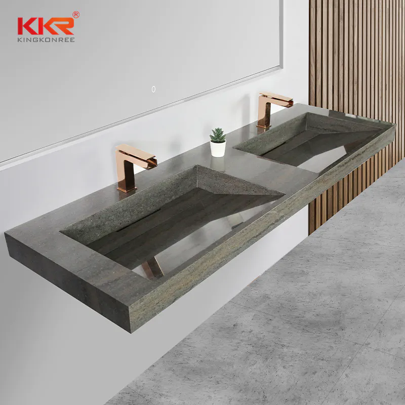 Artificial Stone Marble-looking Solid Surface Bathroom Wall Mounted Double Basin KKR-M8873