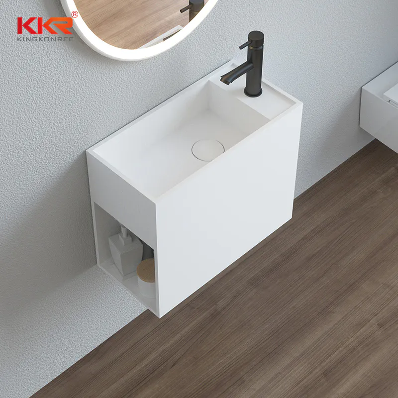 White Modern Wall Mounted Trough Sink Solid Surface Basin Small Bathroom Basin Sink KKR-1118