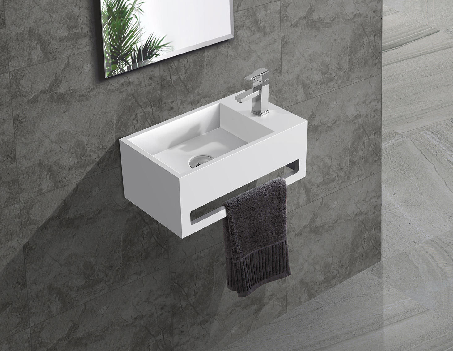 Hot sales small size acrylic solid surface resin stone wall mounted wash basin with towel hanger KKR-1105-A-1